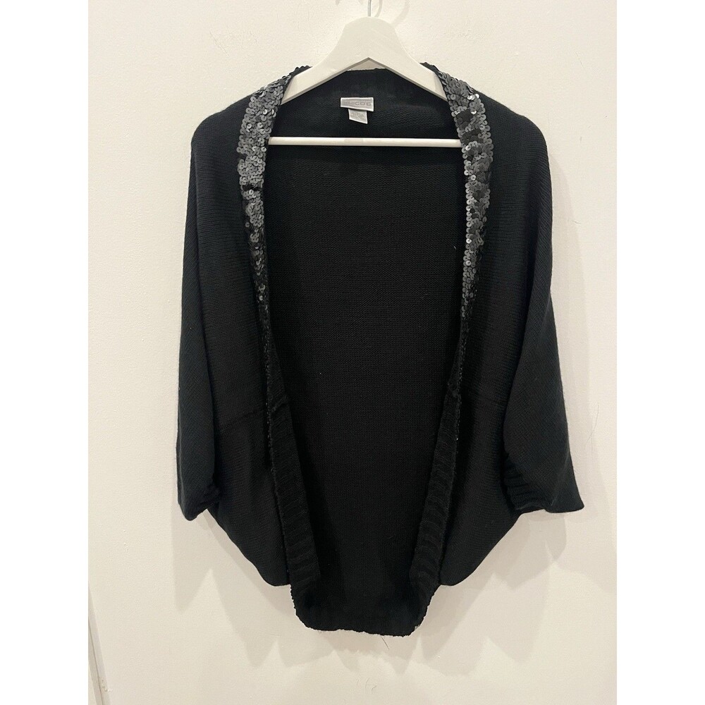 Chicos Shawl Cardigan Sz 1 Sequin Trim Black Whimsigoth Holiday Party